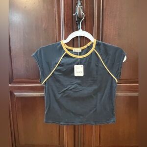 Free People cropped tee: small: navy with mustard yellow accent; NWT